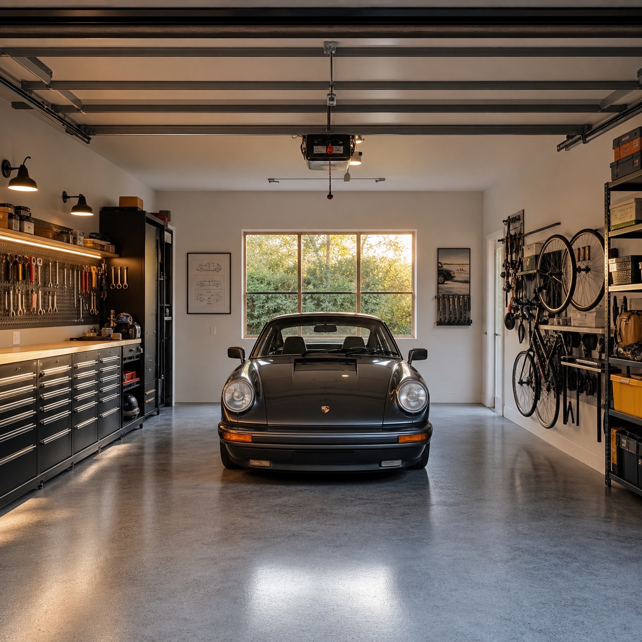 Tidy garage workshop with a centered car and warm evening light.