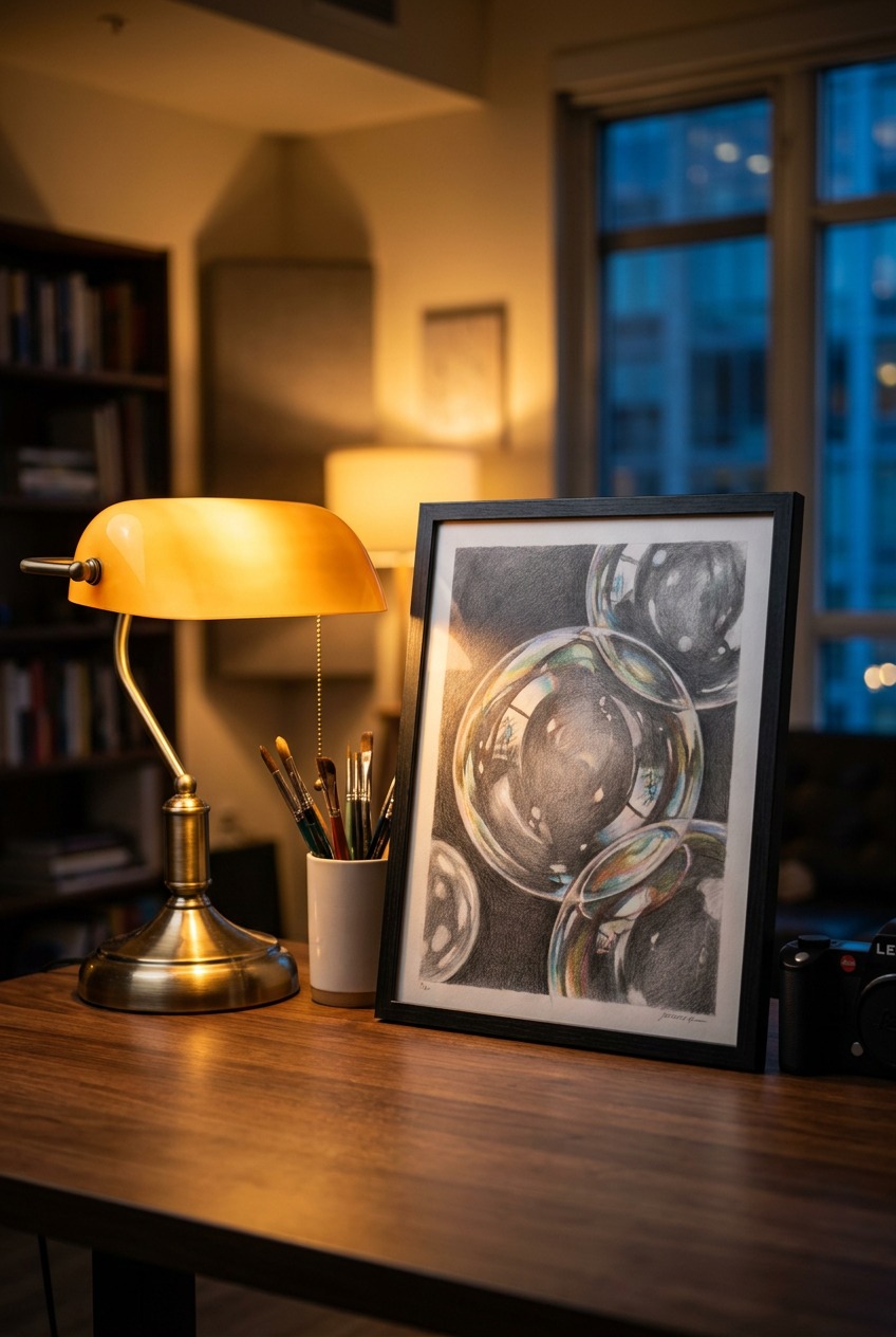 Finished realistic pencil bubble drawing displayed beside a lit desk lamp in an evening studio setting.