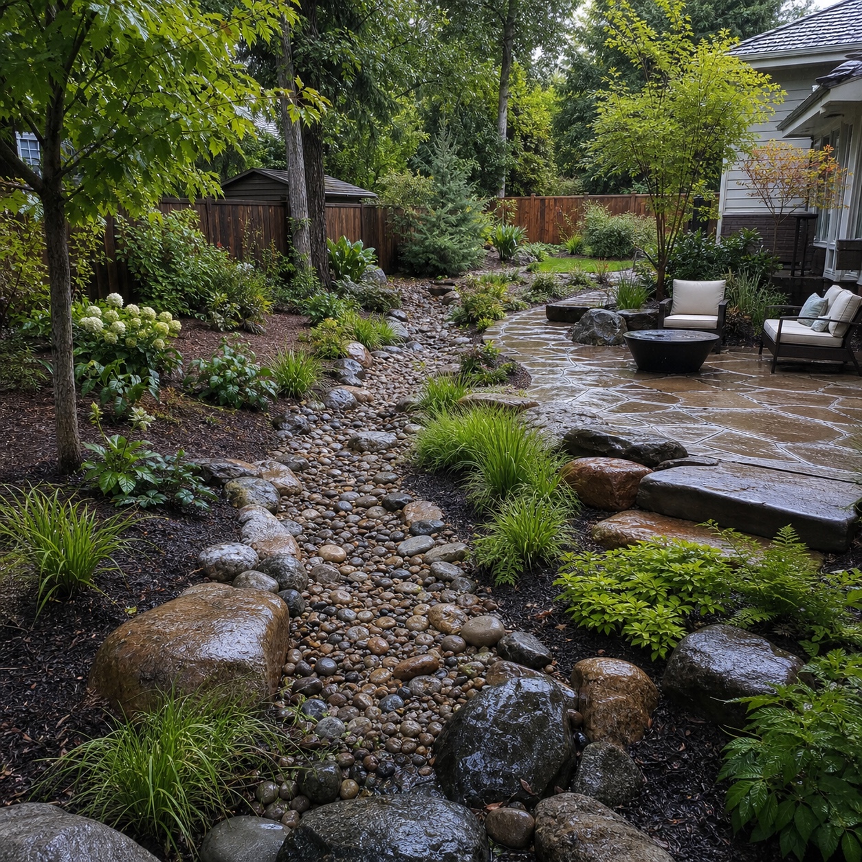 A complete backyard landscape with a dry creek bed, planted swale, and patio after rain.