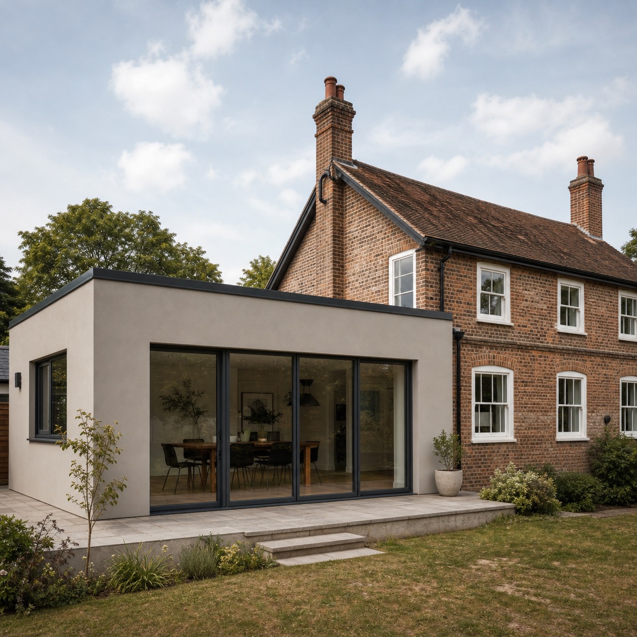 Flat Roof Extension on a Traditional House Modern flat-roofed extension attached to a traditional brick house. | Sky Rye Design Modern flat-roofed extension attached to a traditional brick house.