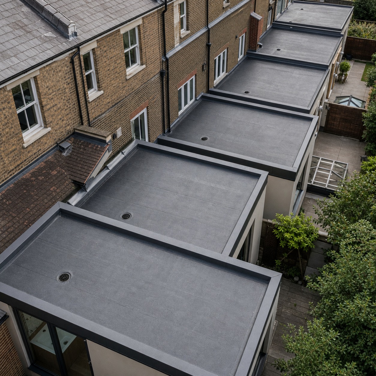 Aerial View of Flat Roof Extensions Aerial view of several flat-roofed extensions with aligned parapets and outlets. | Sky Rye Design Aerial view of several flat-roofed extensions with aligned parapets and outlets.