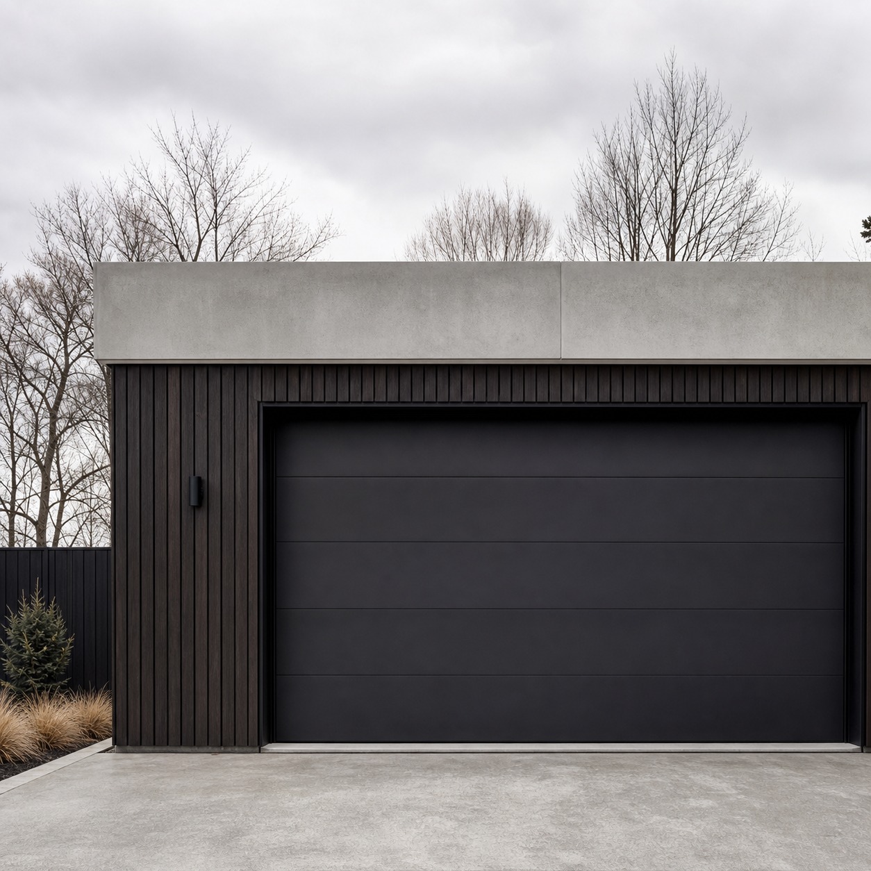Flat Roof Garage With Parapet Detail Minimalist garage facade with a flat roof parapet and clean material transition. | Sky Rye Design Minimalist garage facade with a flat roof parapet and clean material transition.