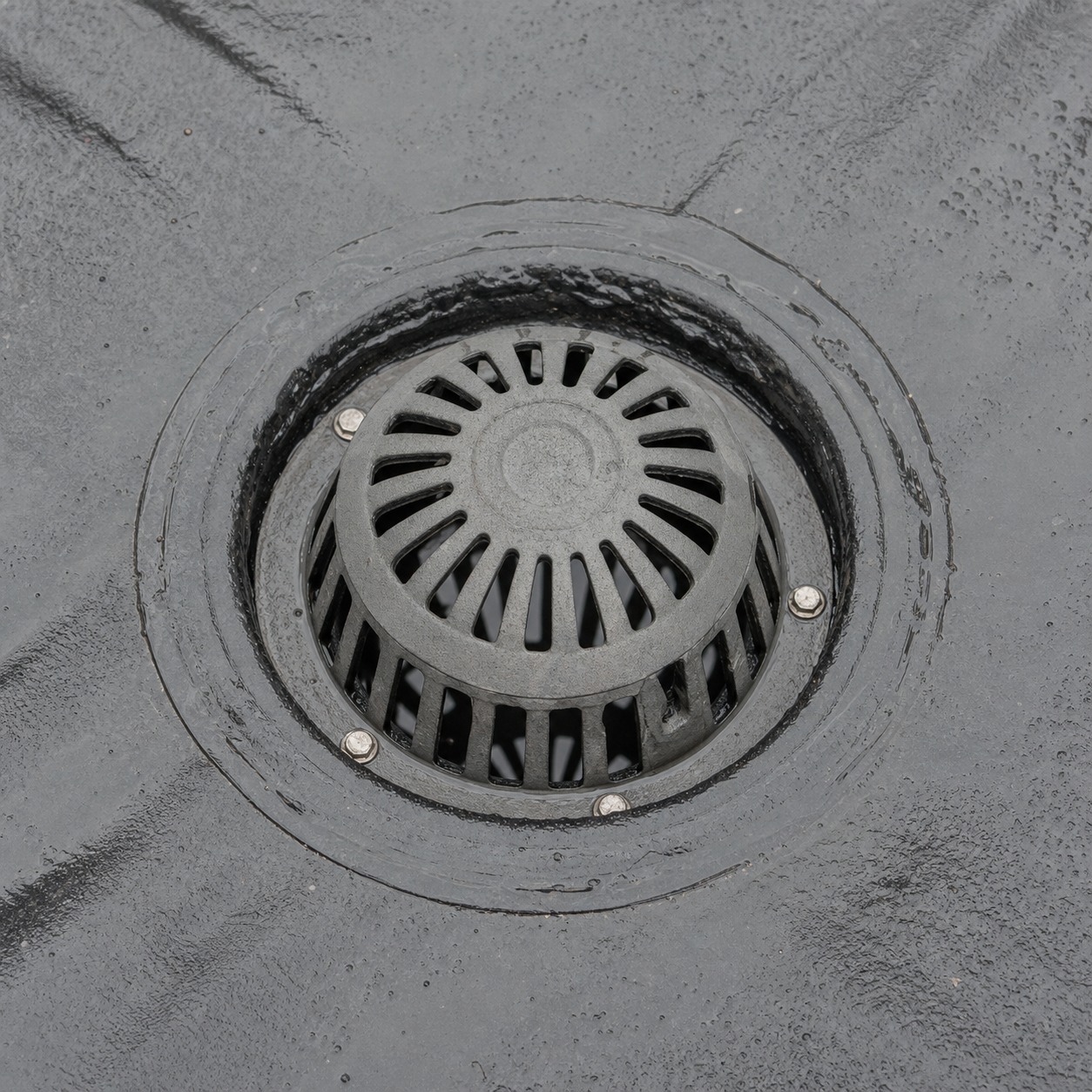 Clean Flat Roof Outlet After Maintenance Clean metal outlet grate on a flat roof after debris has been cleared. | Sky Rye Design Clean metal outlet grate on a flat roof after debris has been cleared.