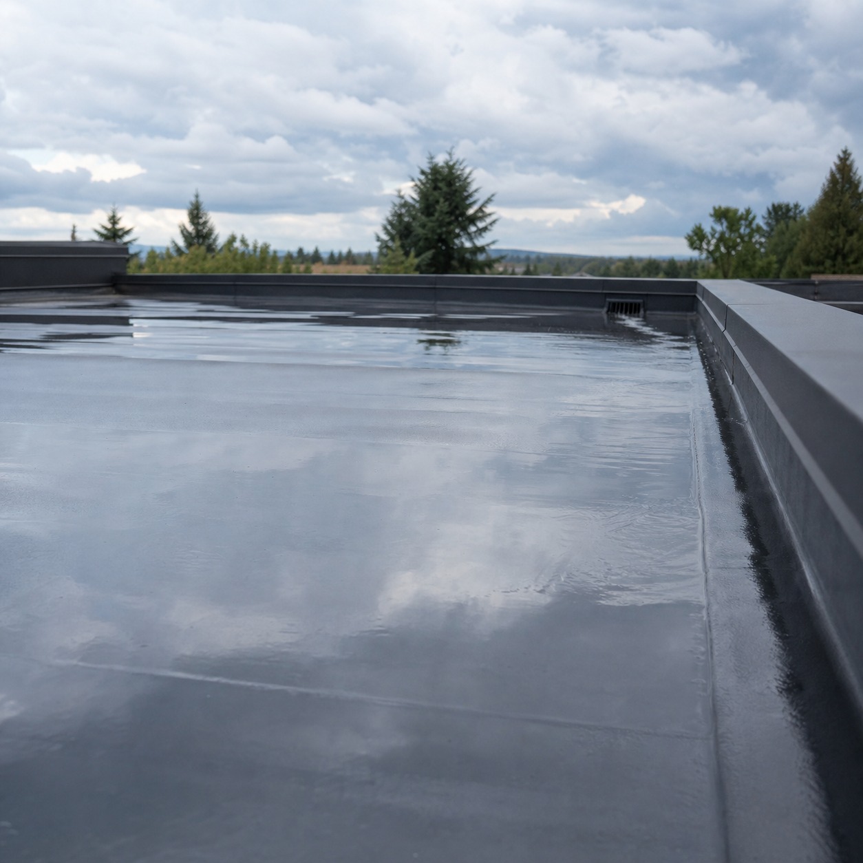 Shallow Water Film on a Flat Roof After Rain Shallow rainwater film on a flat roof surface draining toward one edge. | Sky Rye Design Shallow rainwater film on a flat roof surface draining toward one edge.