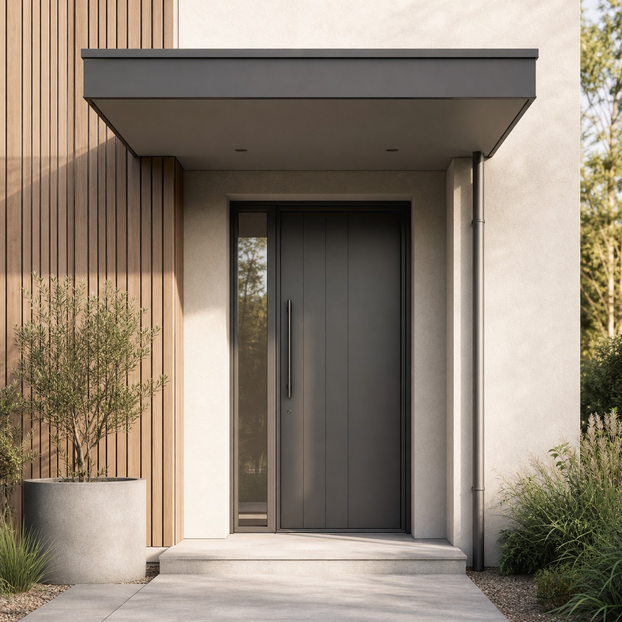 Flat Roof Porch Canopy With Integrated Downpipe Flat roof porch canopy with a slim integrated downpipe above an entry door. | Sky Rye Design Flat roof porch canopy with a slim integrated downpipe above an entry door.
