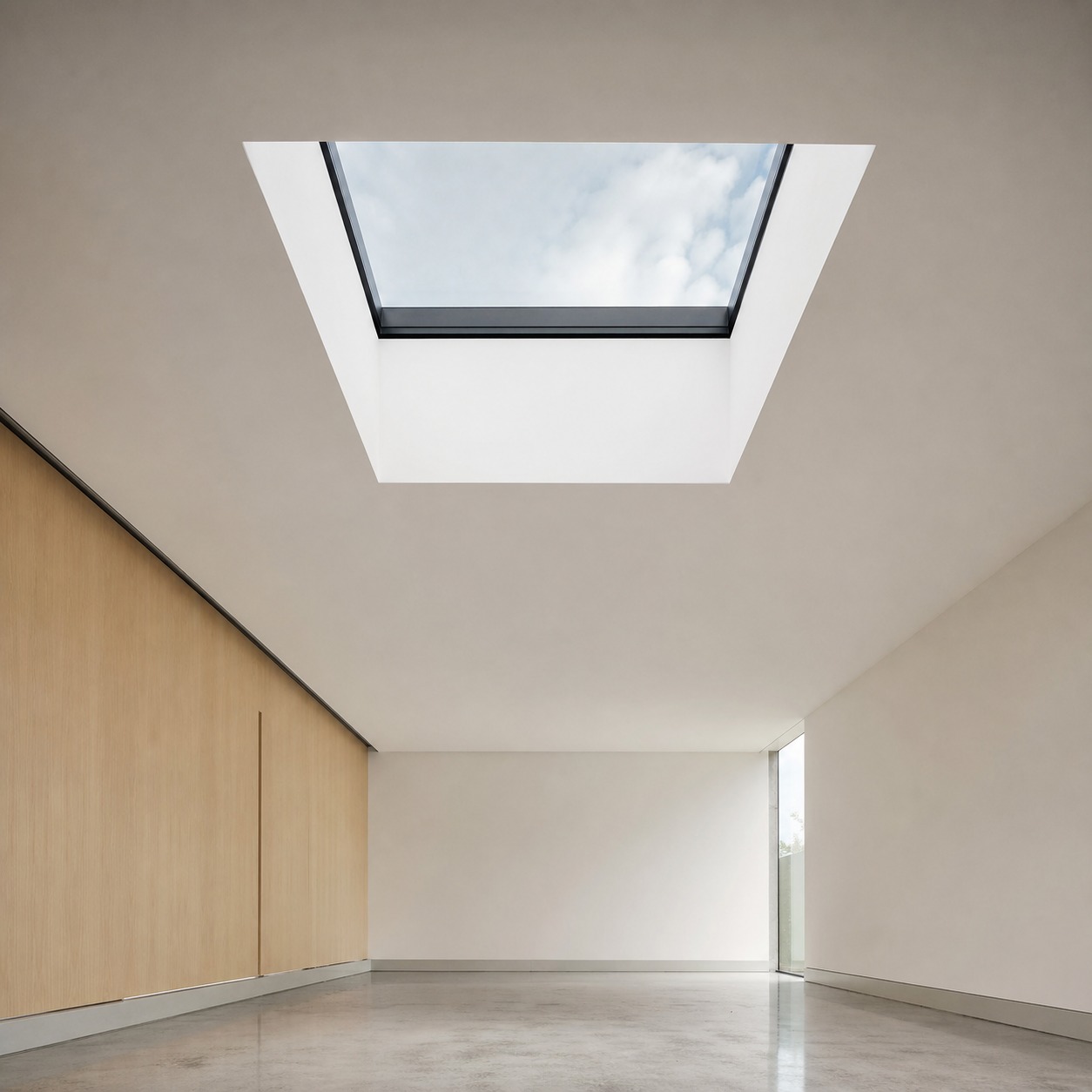 Minimalist Interior Beneath a Flat Roof Skylight Minimalist interior ceiling with a flat roof skylight detail. | Sky Rye Design Minimalist interior ceiling with a flat roof skylight detail.