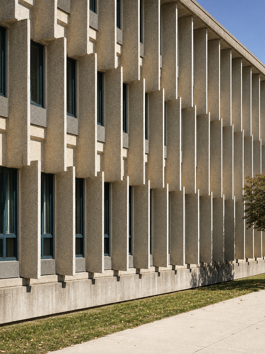 A formalist university facade with decorative concrete sun-screens casting geometric shadows.