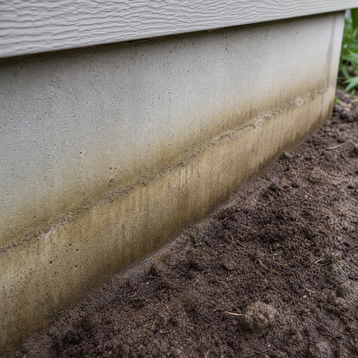 Water staining visible along the base of a house foundation near wet soil.