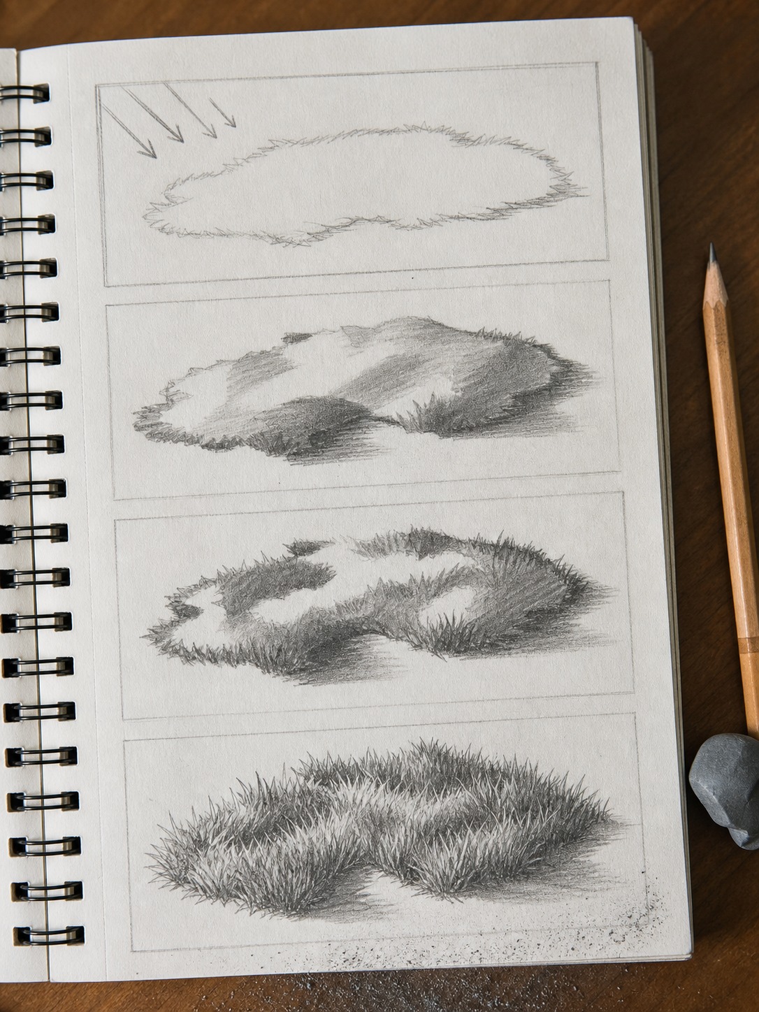 Four-step grass drawing sequence Sketchbook page showing four stages of a grass drawing from mass shape to finished texture. | Sky Rye Design Sketchbook page showing four stages of a grass drawing from mass shape to finished texture.