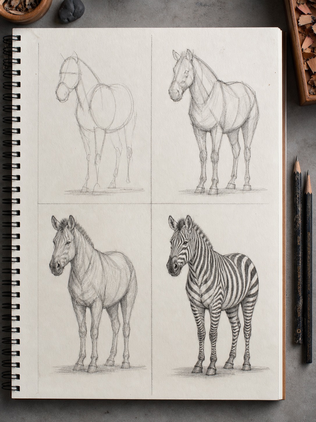 Sketchbook page showing the progression from zebra gesture to mass blocking, head refinement, and final stripes.