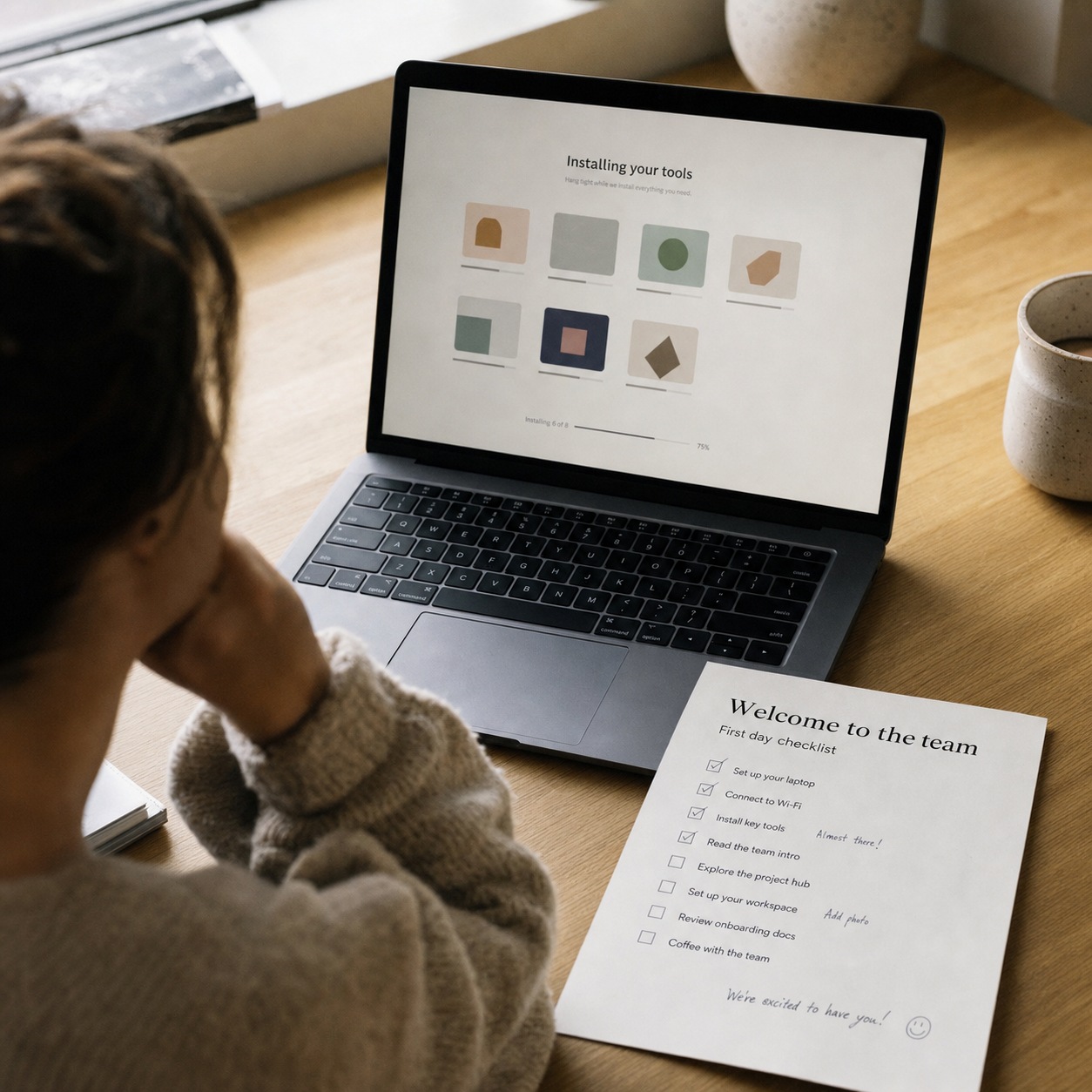 Remote IT support image prompt 11 Dezeen editorial Designer opening a new laptop with software installing and an onboarding checklist nearby. | Sky Rye Design Designer opening a new laptop with software installing and an onboarding checklist nearby.