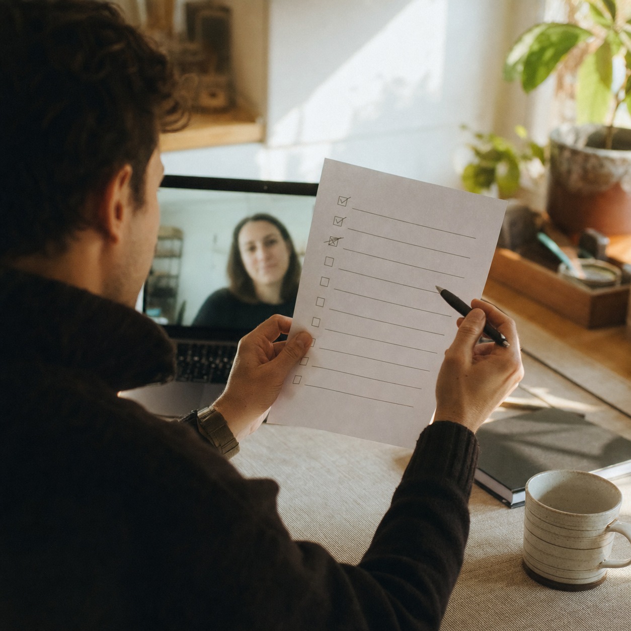 Freelancer Onboarding Video Call Designer walking a remote freelancer through an onboarding checklist during a video call. | Sky Rye Design Designer walking a remote freelancer through an onboarding checklist during a video call.