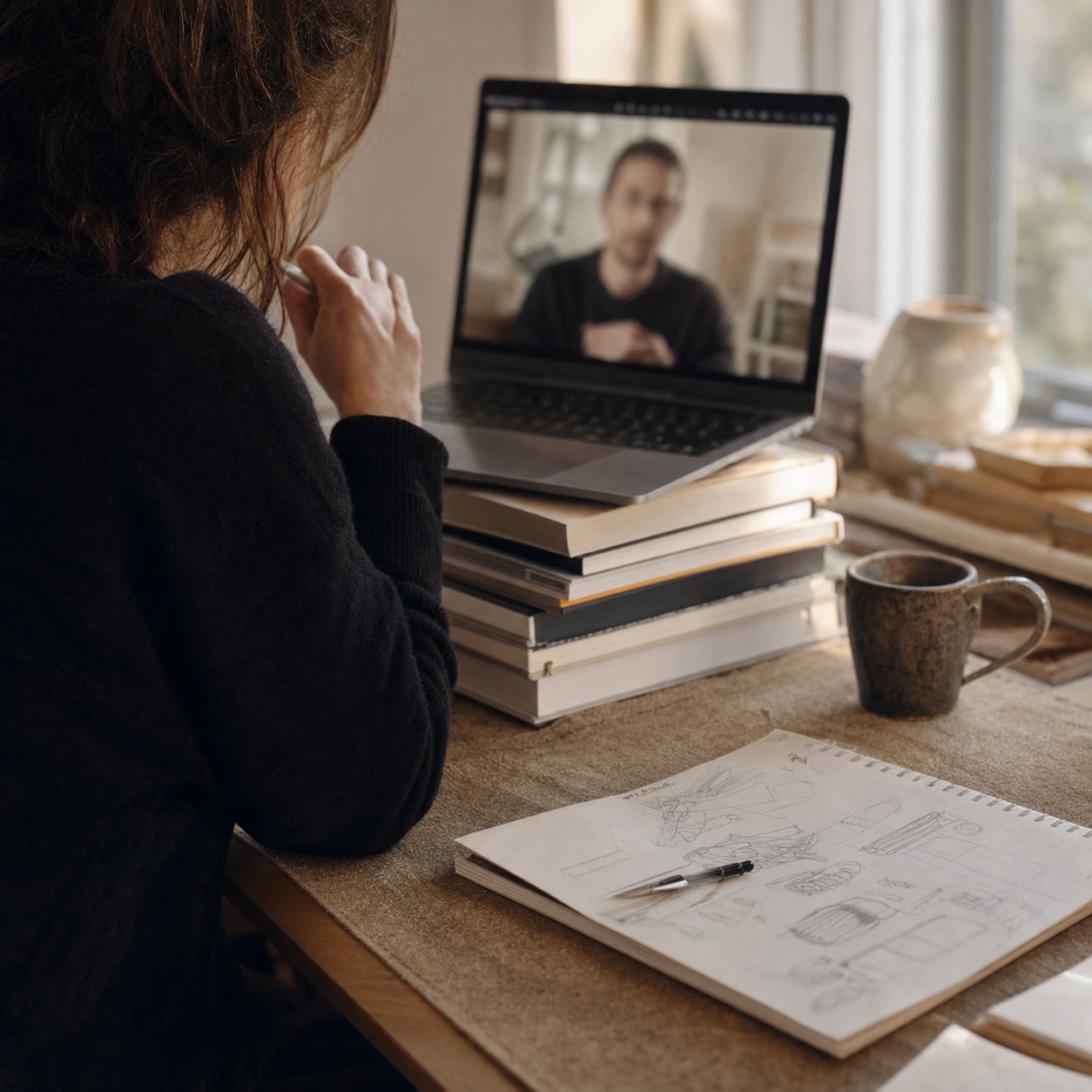 Designer on a video call with a remote collaborator beside an open sketchbook.