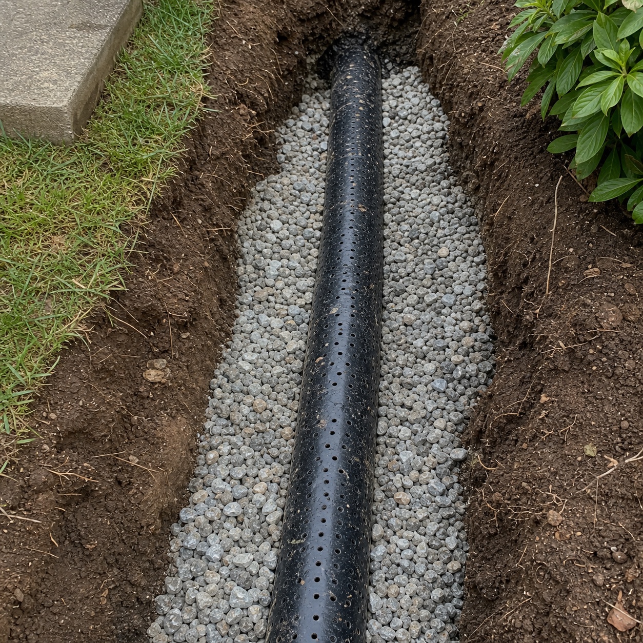 A perforated French drain pipe set in gravel inside an open yard trench.