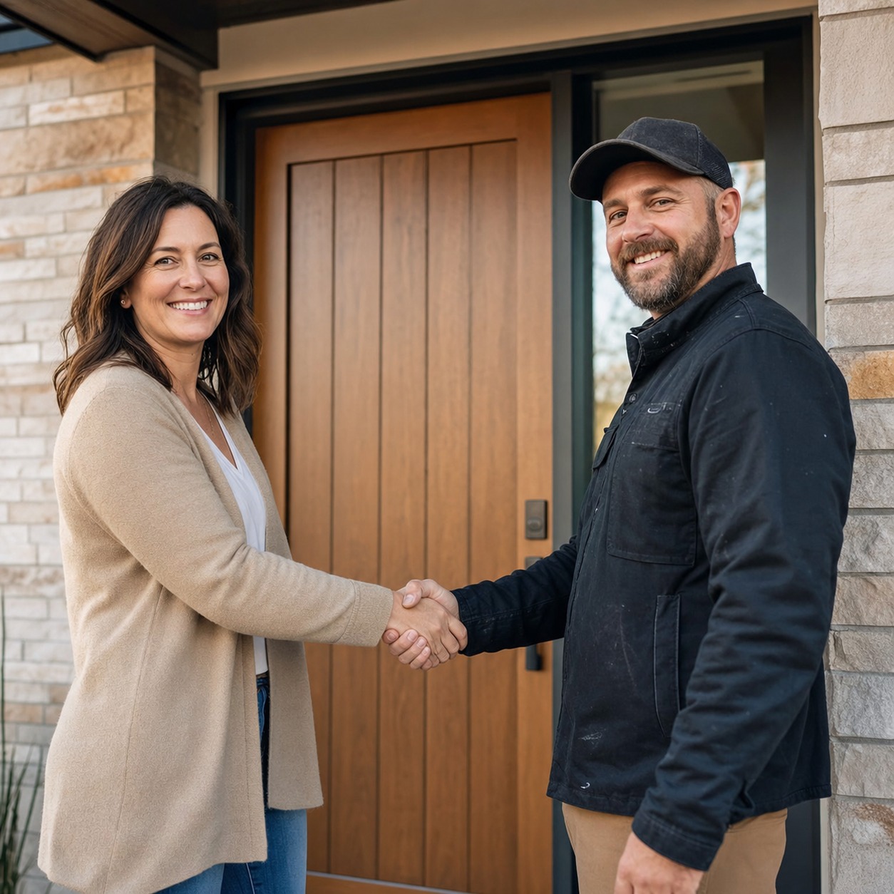 Front door final walkthrough with contractor and homeowner Homeowner and contractor shaking hands in front of a newly installed front door during a final walkthrough. | Sky Rye Design Homeowner and contractor shaking hands in front of a newly installed front door during a final walkthrough.