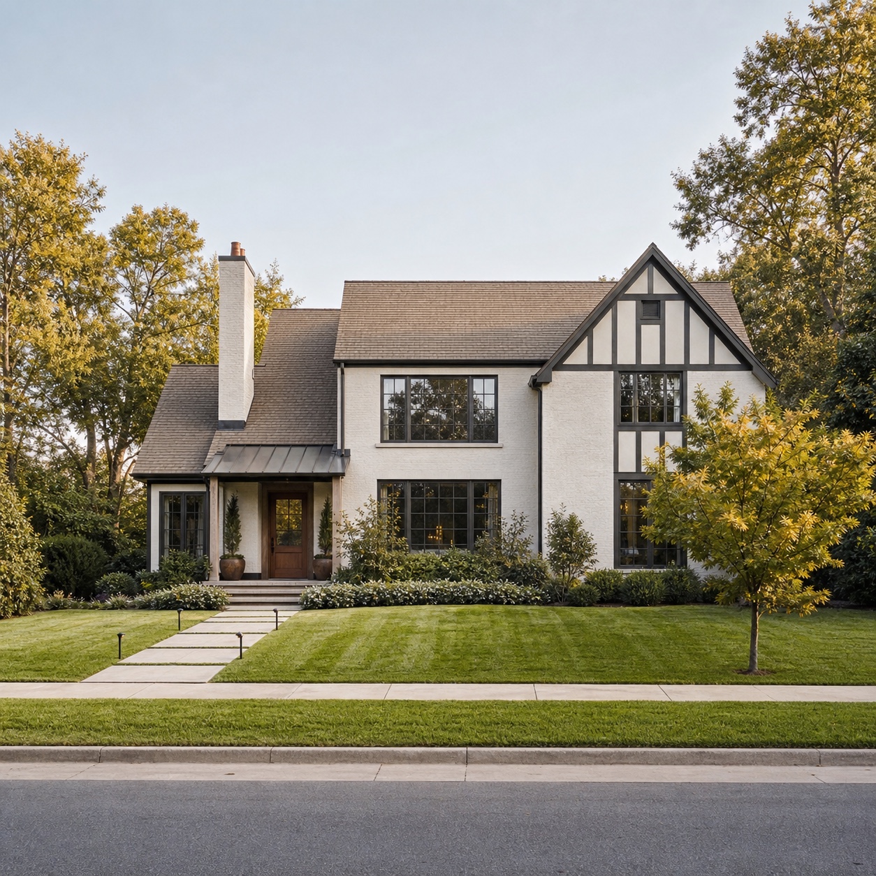 A front lawn seen from the street with its proportion clearly balanced against the house facade.