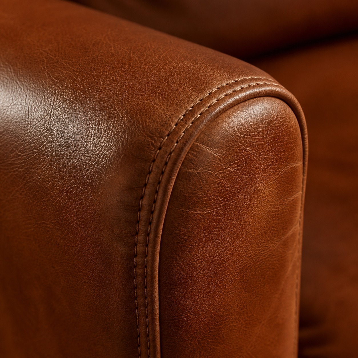 Full-grain leather sofa arm stitching detail Close detail of full-grain leather sofa grain and stitching | Sky Rye Design Close detail of full-grain leather sofa grain and stitching