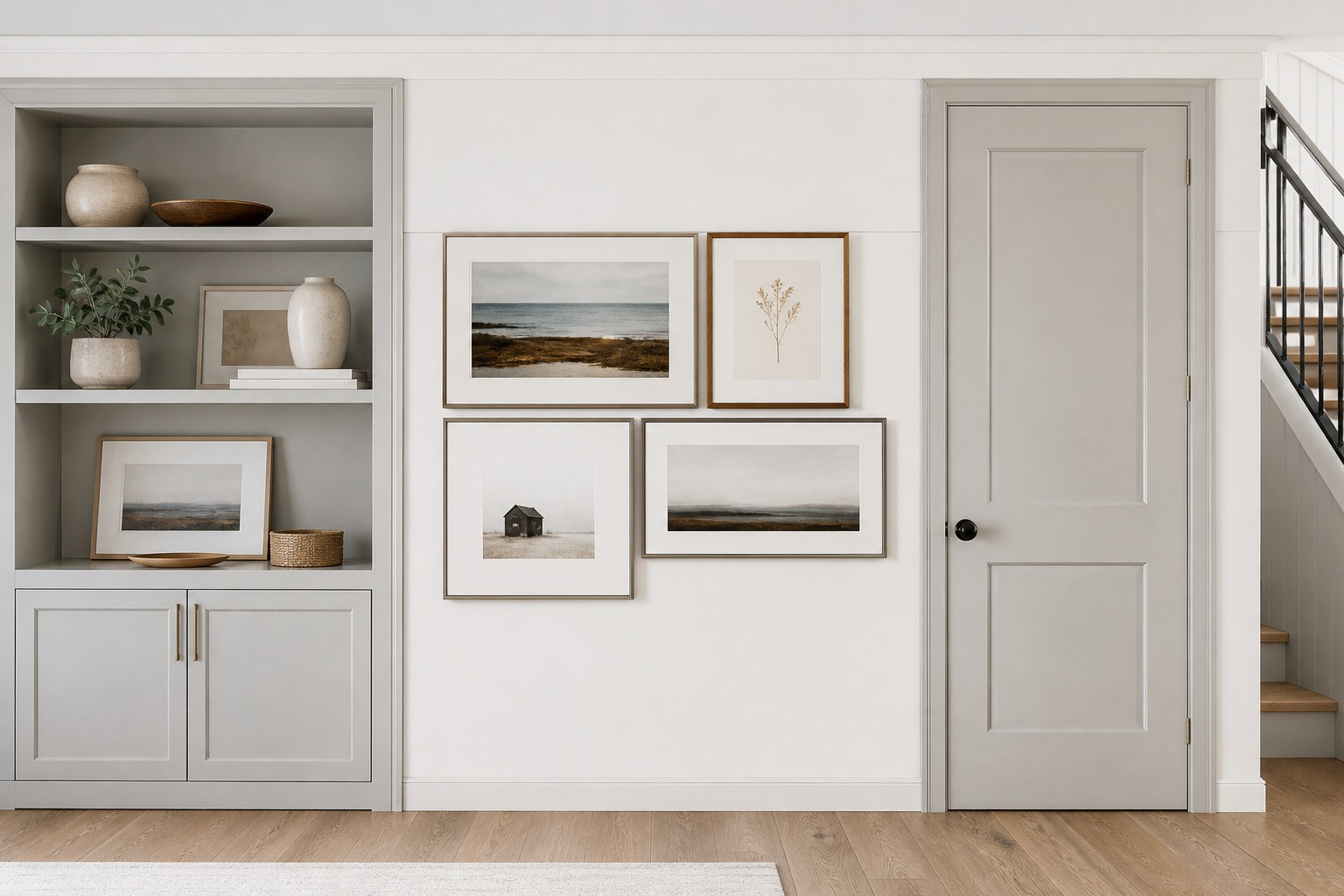 Gallery wall layout - Architectural alignment with shelving and joinery Architectural alignment with shelving and joinery for a planned gallery wall layout. | Sky Rye Design Architectural alignment with shelving and joinery for a planned gallery wall layout.