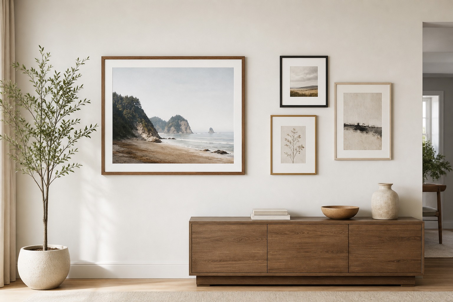 Gallery wall layout - Asymmetrical balance anchor offset by smaller works Asymmetrical balance, anchor offset by smaller works for a planned gallery wall layout. | Sky Rye Design Asymmetrical balance, anchor offset by smaller works for a planned gallery wall layout.