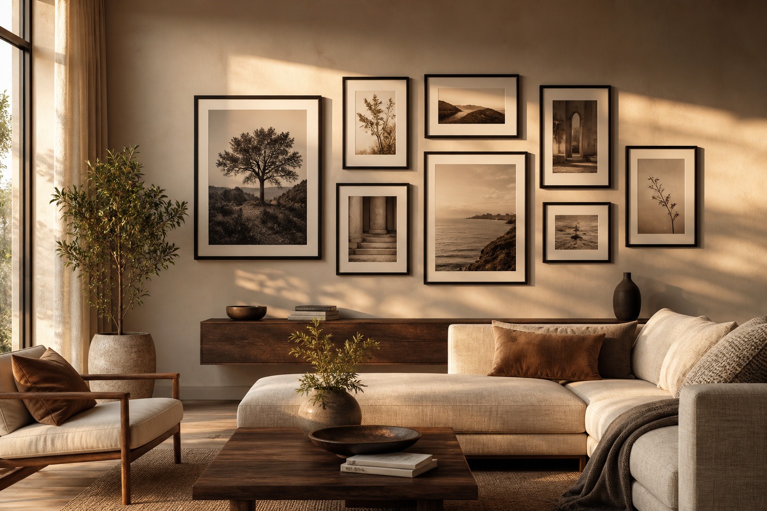 Gallery wall layout - Complete gallery wall at golden hour Complete gallery wall at golden hour for a planned gallery wall layout. | Sky Rye Design Complete gallery wall at golden hour for a planned gallery wall layout.