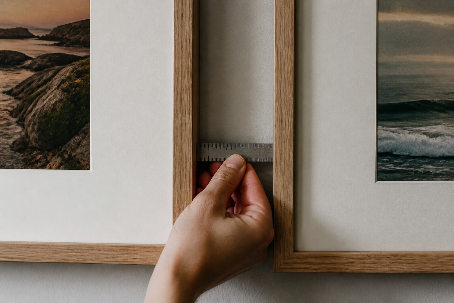 Gallery wall layout - Consistent spacing measuring between frame edges Consistent spacing, measuring between frame edges for a planned gallery wall layout. | Sky Rye Design Consistent spacing, measuring between frame edges for a planned gallery wall layout.