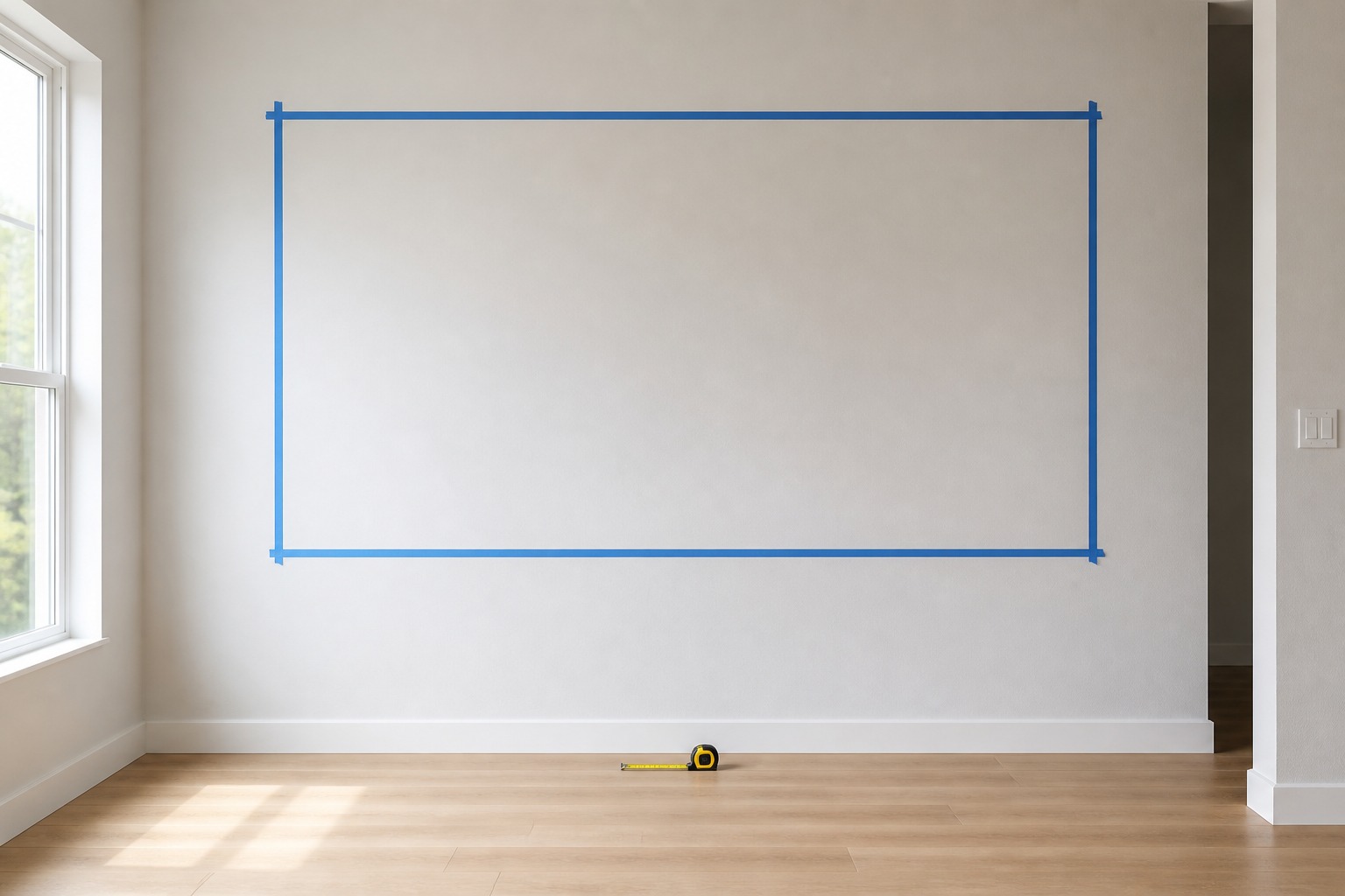 Gallery wall layout - Defined visual boundary blank wall with painters tape outline Defined visual boundary, blank wall with painter's tape outline for a planned gallery wall layout. | Sky Rye Design Defined visual boundary, blank wall with painter's tape outline for a planned gallery wall layout.