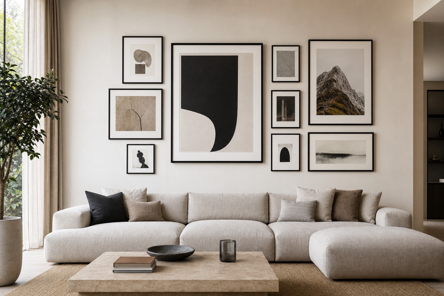 Gallery wall layout - Full gallery wall composition above a sofa Full gallery wall composition above a sofa for a planned gallery wall layout. | Sky Rye Design Full gallery wall composition above a sofa for a planned gallery wall layout.