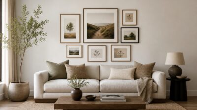 Gallery wall above a sofa, narrower than the furniture for a planned gallery wall layout.