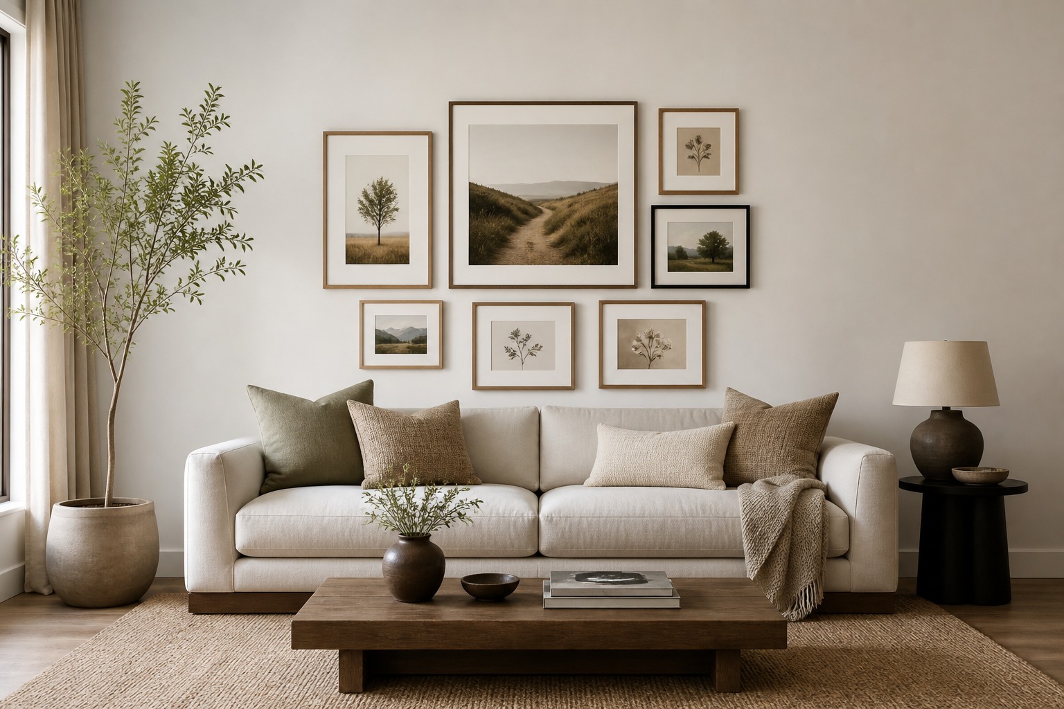 Gallery wall layout - Gallery wall above a sofa narrower than the furniture Gallery wall above a sofa, narrower than the furniture for a planned gallery wall layout. | Sky Rye Design Gallery wall above a sofa, narrower than the furniture for a planned gallery wall layout.