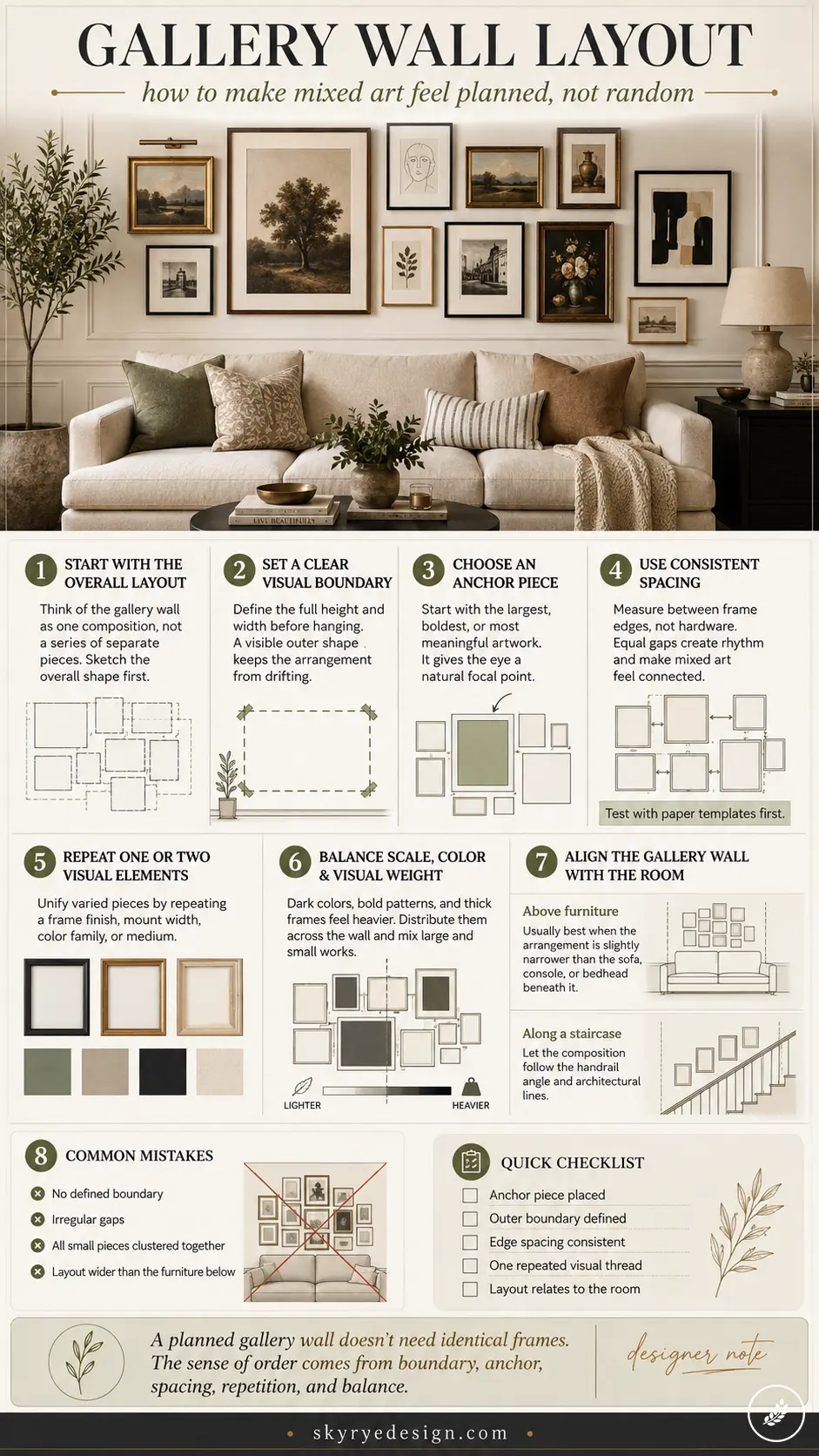 7297b5b0-bacb-4323-8fb8-501fa6e21ec6 Living room with a beige sofa and a gallery wall of framed art, plus an eight-step infographic detailing gallery-wall layout tips. | Sky Rye Design Living room with a beige sofa and a gallery wall of framed art, plus an eight-step infographic detailing gallery-wall layout tips.