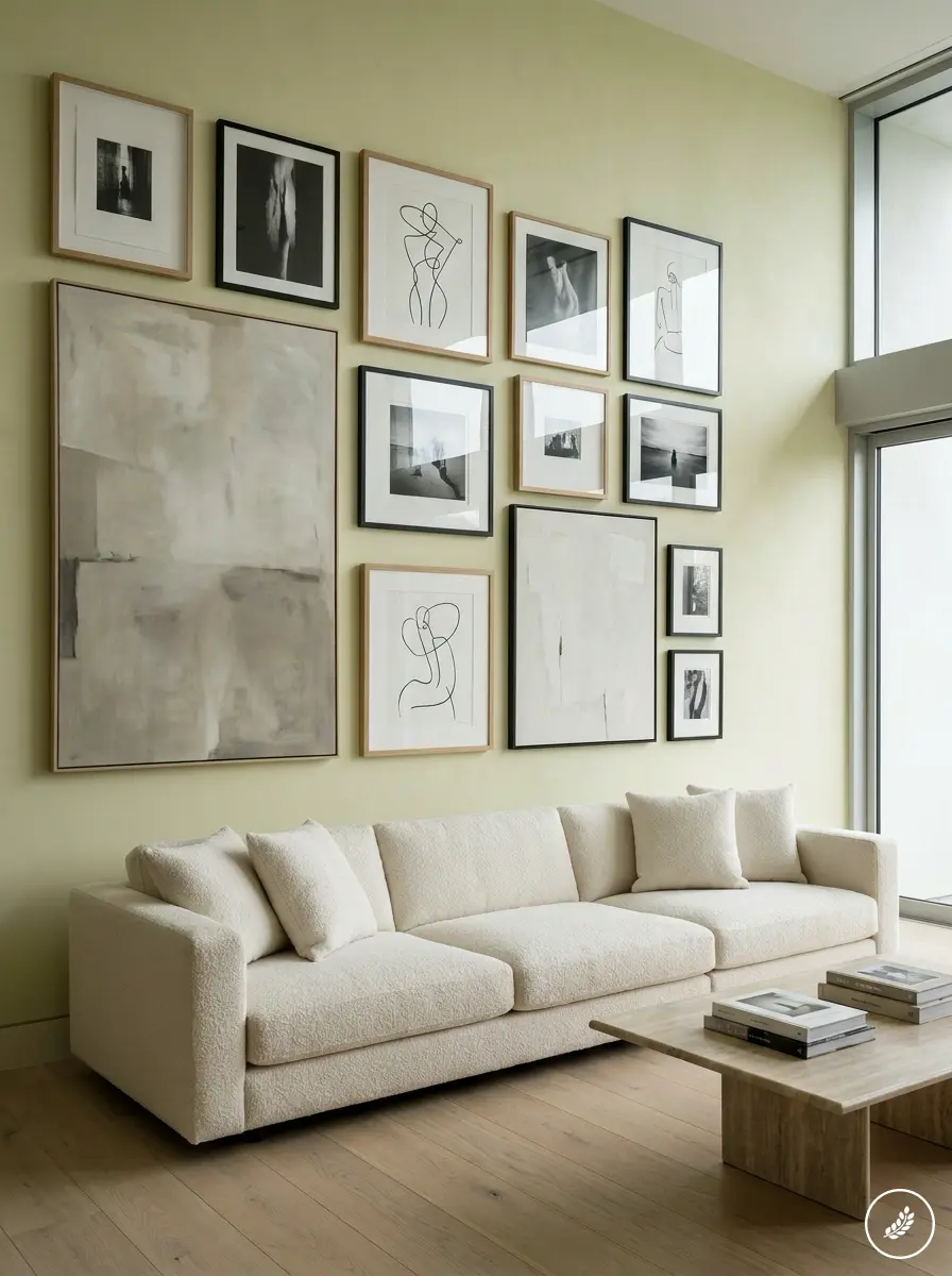 Living_room_with_gallery_wall_202608101446 Cream sofa with cushions in a modern living room, a grid of framed black-and-white art on a pale green wall. | Sky Rye Design Cream sofa with cushions in a modern living room, a grid of framed black-and-white art on a pale green wall.