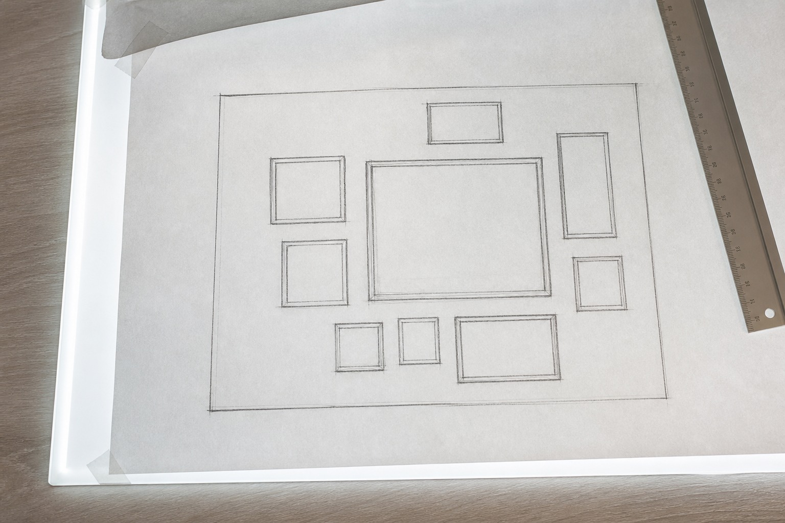 Gallery wall layout - Overall composition sketch planning phase Overall composition sketch, planning phase for a planned gallery wall layout. | Sky Rye Design Overall composition sketch, planning phase for a planned gallery wall layout.