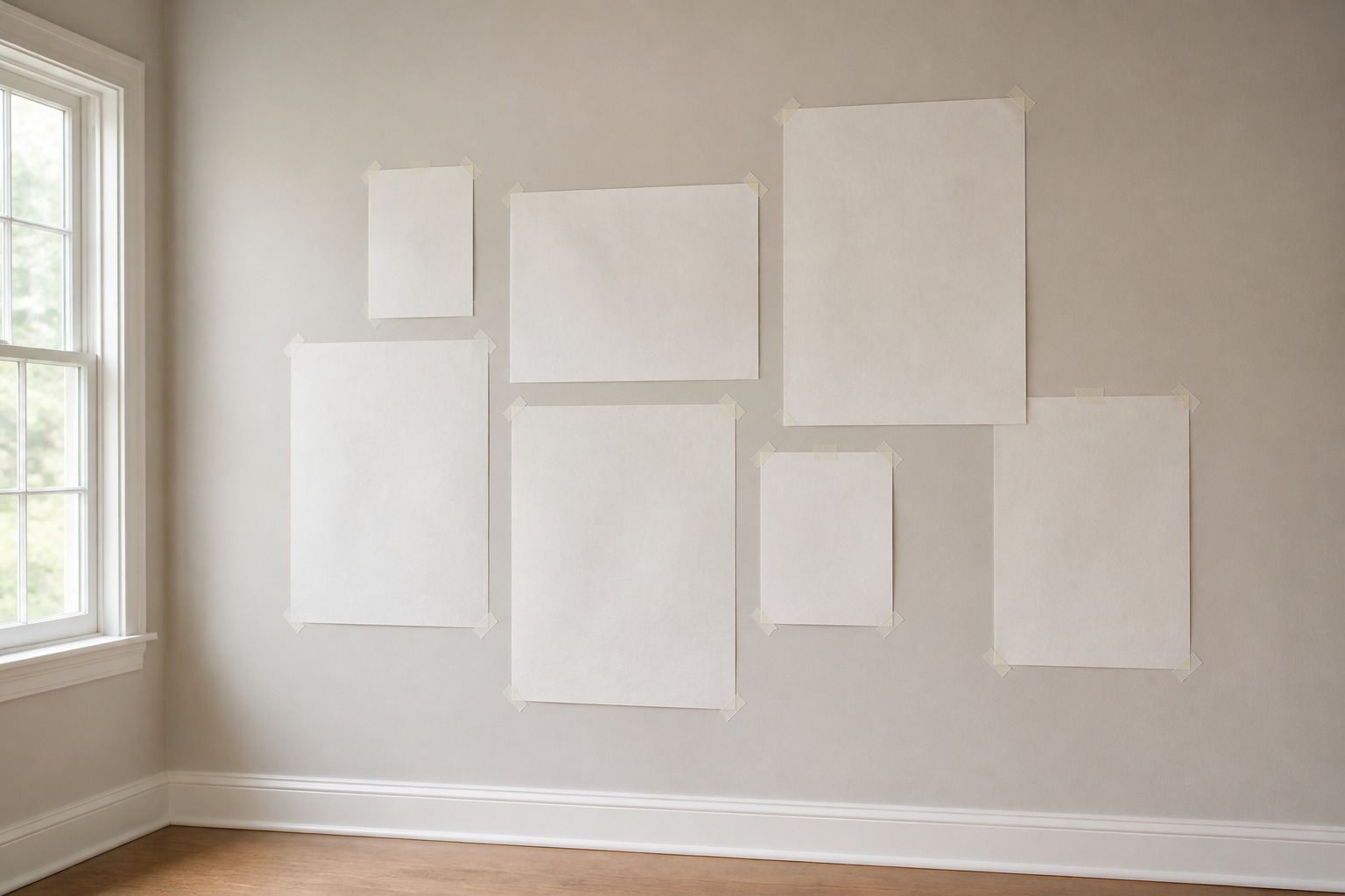 Gallery wall layout - Paper template testing on the wall Paper template testing on the wall for a planned gallery wall layout. | Sky Rye Design Paper template testing on the wall for a planned gallery wall layout.