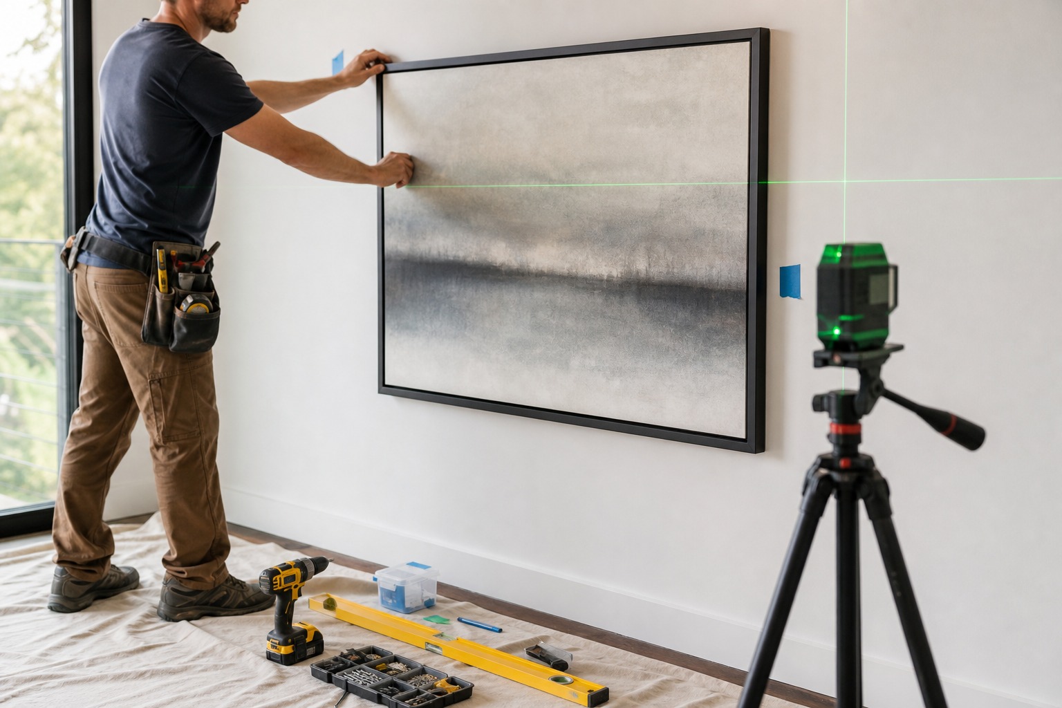 Gallery wall layout - Professional installation in progress Professional installation in progress for a planned gallery wall layout. | Sky Rye Design Professional installation in progress for a planned gallery wall layout.