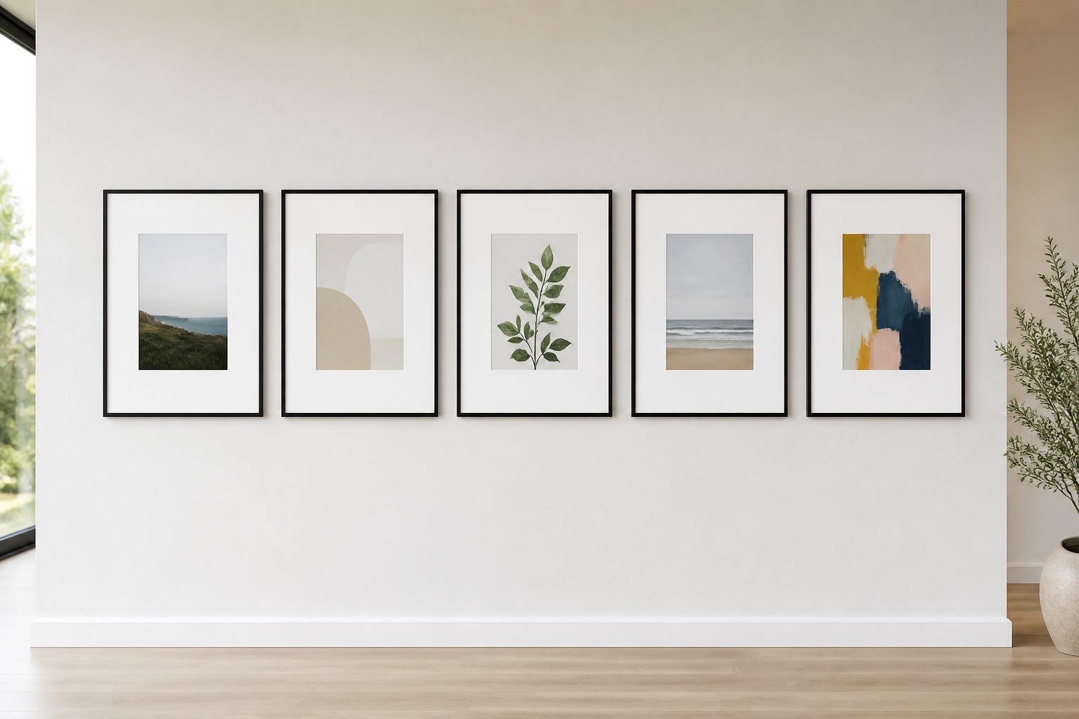 Gallery wall layout - Repeated mount width white mounts on varied art Repeated mount width, white mounts on varied art for a planned gallery wall layout. | Sky Rye Design Repeated mount width, white mounts on varied art for a planned gallery wall layout.
