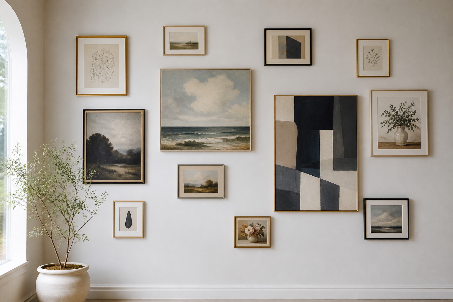 Gallery wall layout - Scale transitions small and large works interspersed Scale transitions, small and large works interspersed for a planned gallery wall layout. | Sky Rye Design Scale transitions, small and large works interspersed for a planned gallery wall layout.