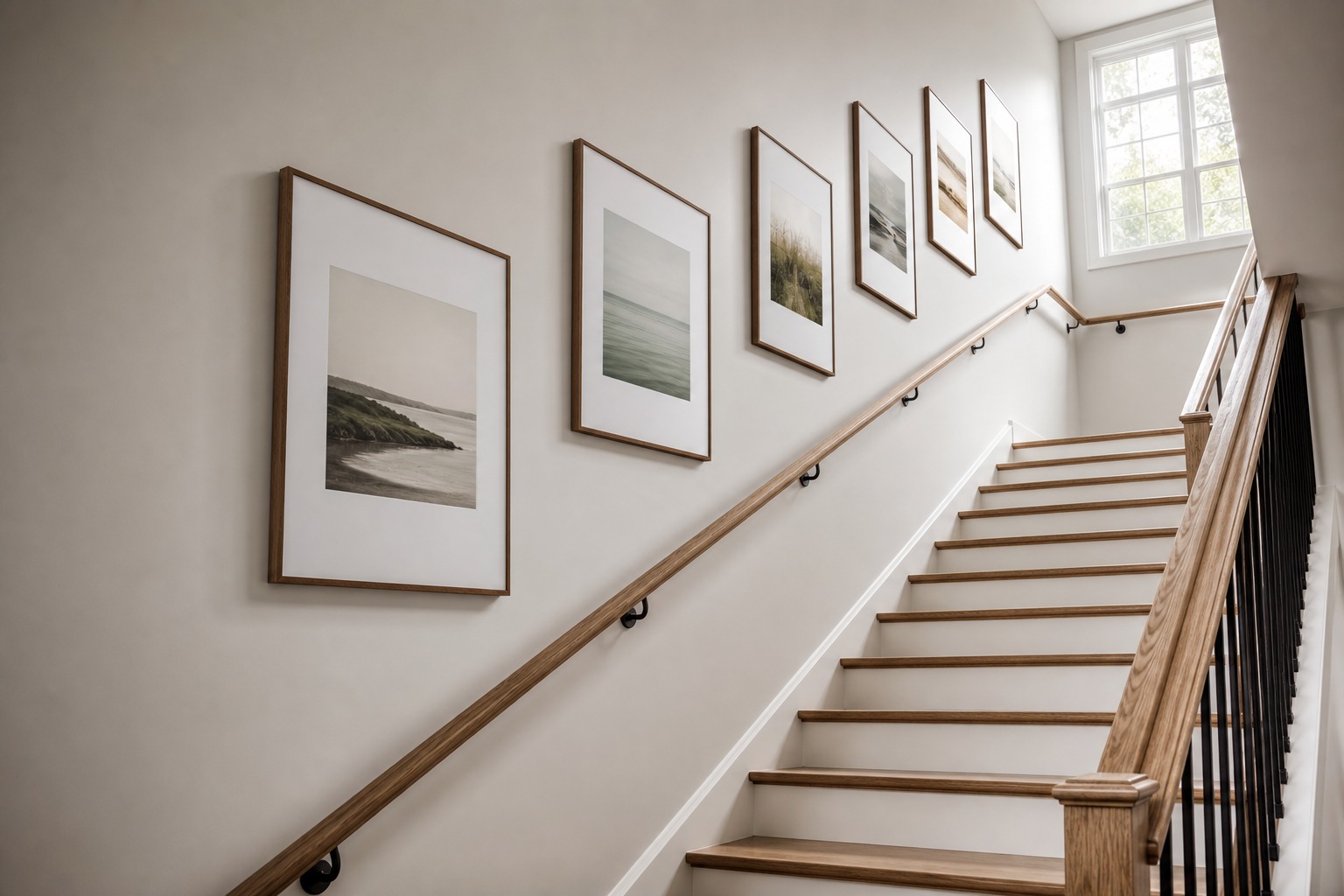 Gallery wall layout - Staircase gallery wall following the handrail angle Staircase gallery wall following the handrail angle for a planned gallery wall layout. | Sky Rye Design Staircase gallery wall following the handrail angle for a planned gallery wall layout.