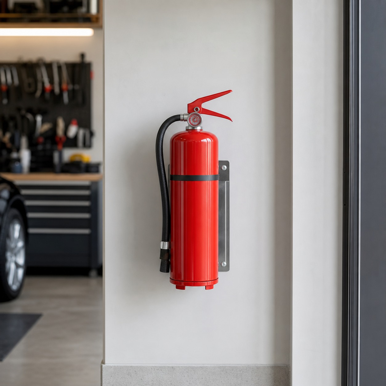 Fire extinguisher mounted at an accessible height on a clean garage wall.
