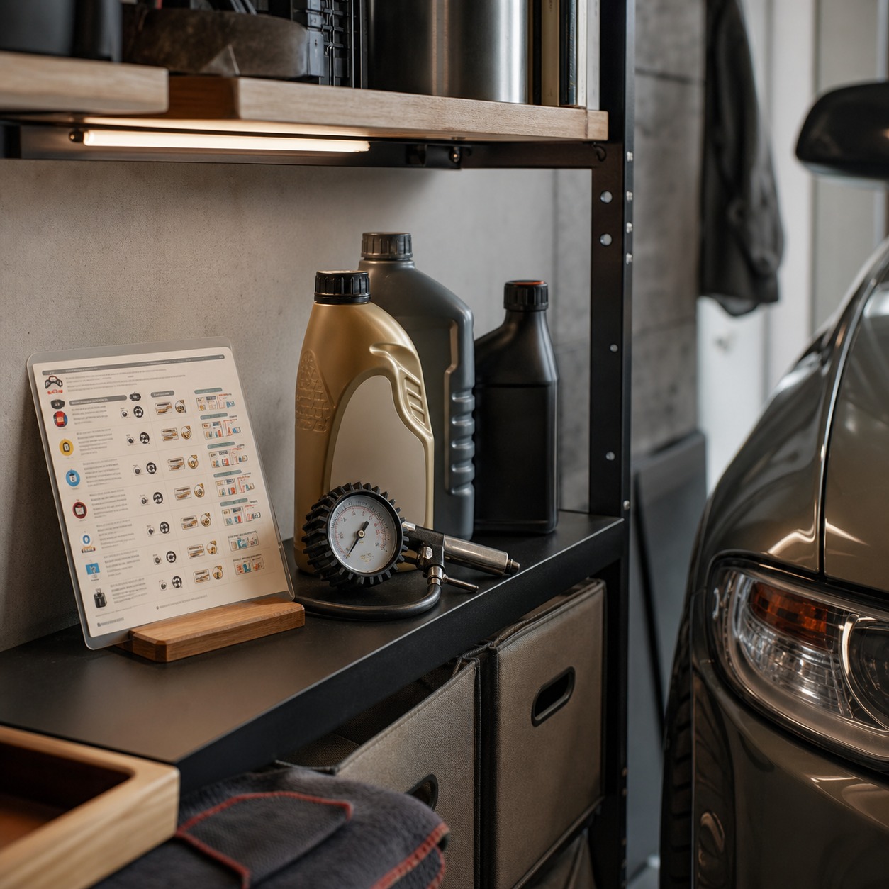 Small garage inspection zone with a tire gauge, fluids, and a reference card beside a car.