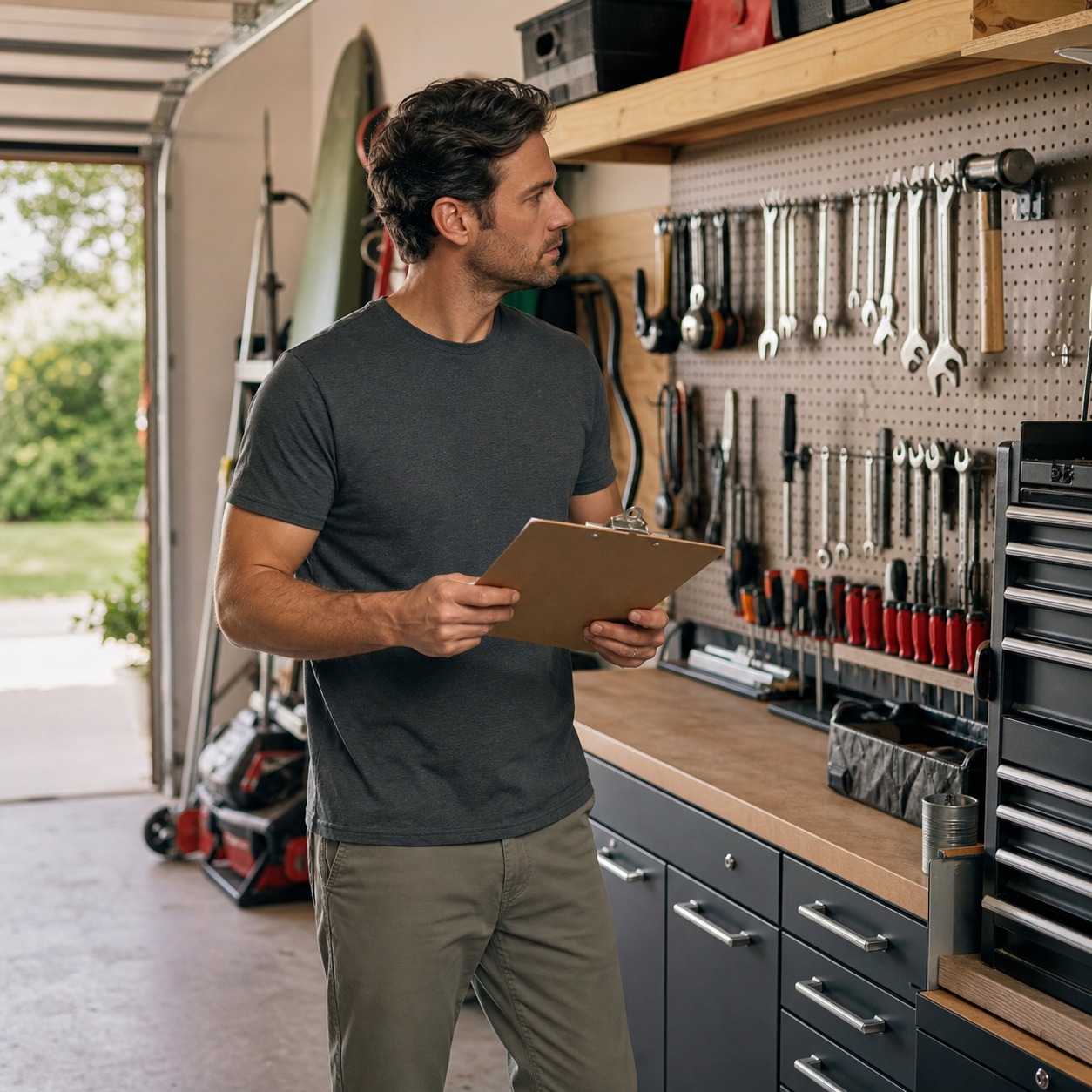 Person walking through an organized garage with a monthly maintenance checklist.