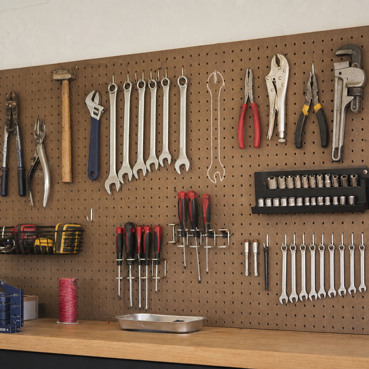 Garage pegboard with outlined tool silhouettes and one missing tool space.