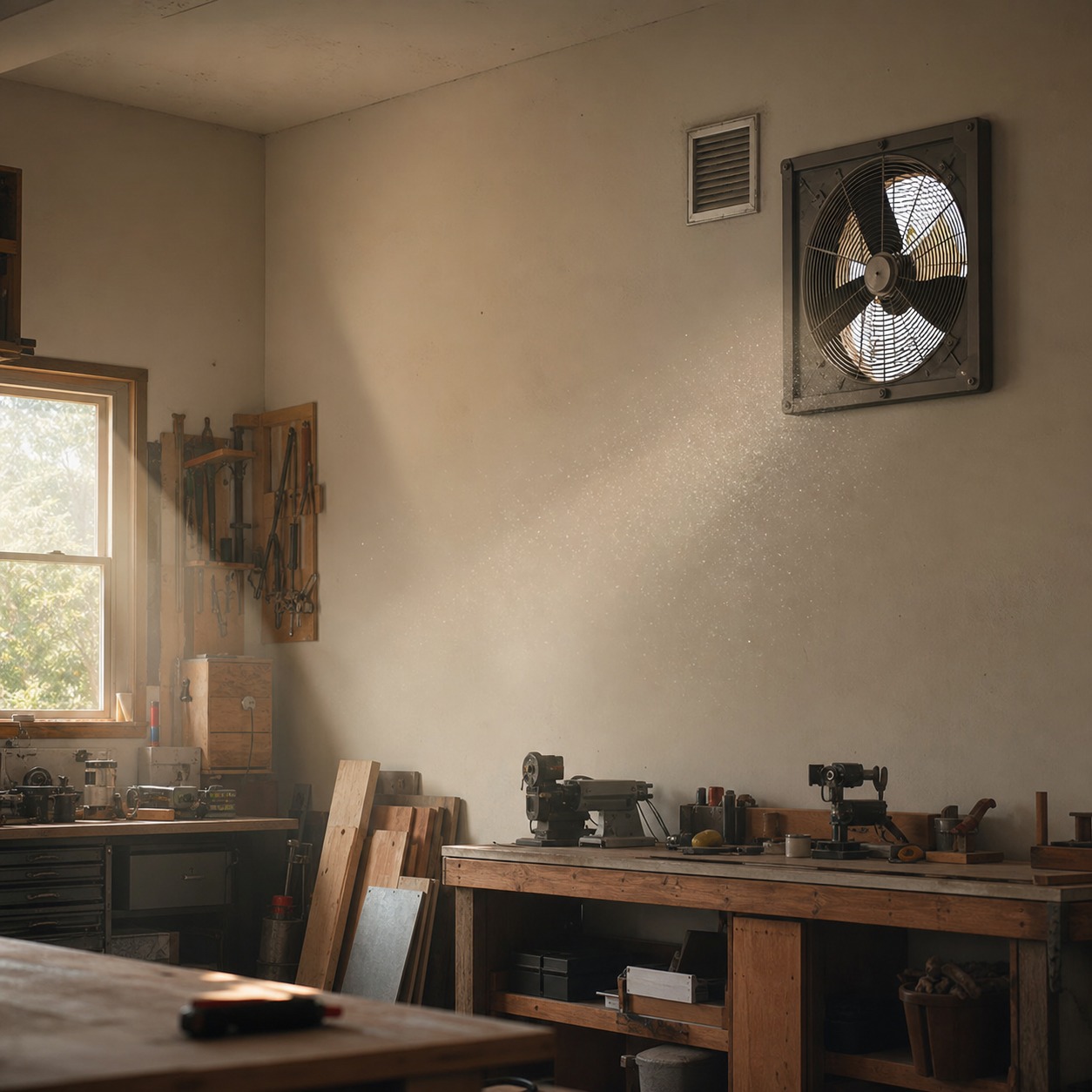 Exhaust fan and wall vent high on a garage wall with daylight in the space.