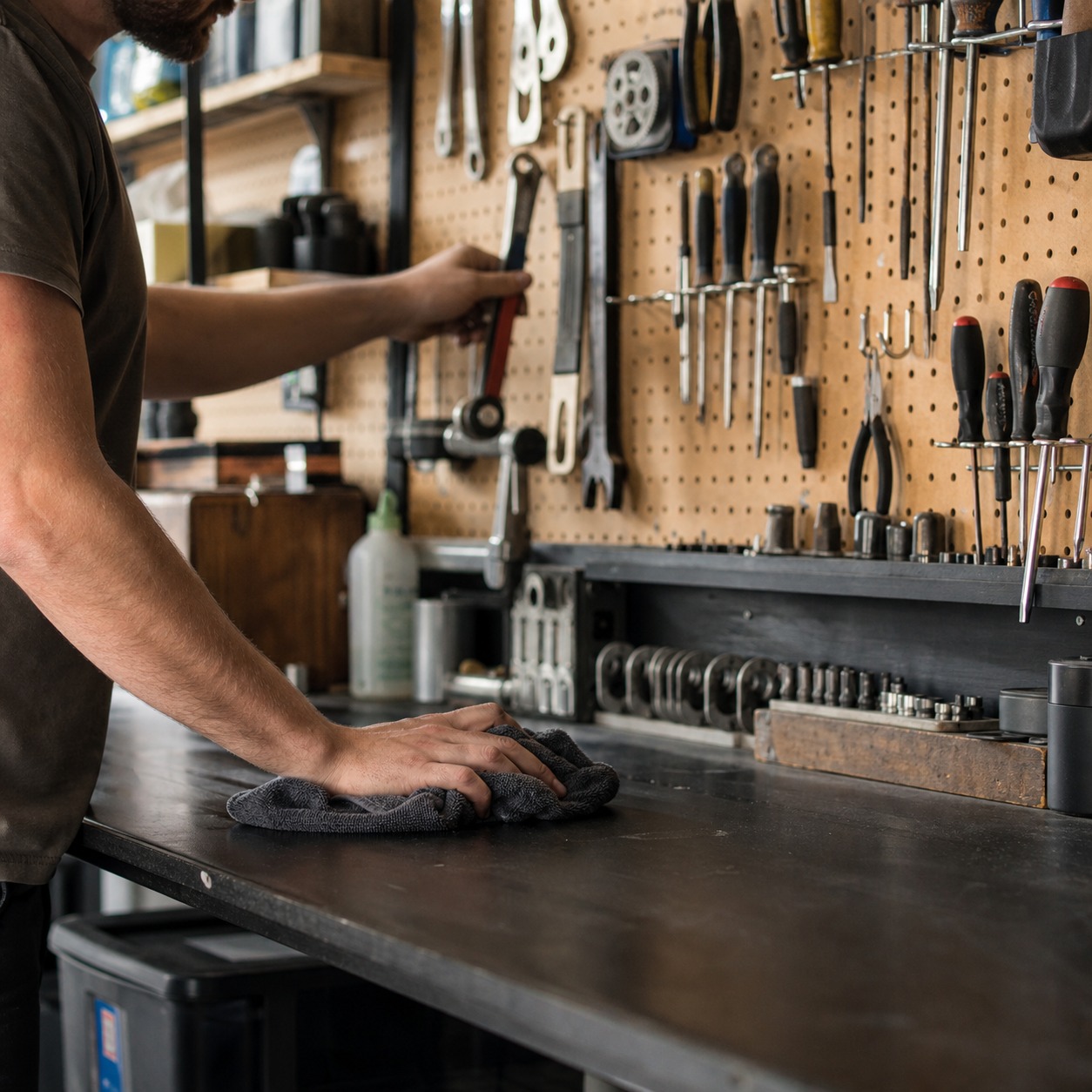 Hands wiping a garage workbench while tools are returned to a pegboard.