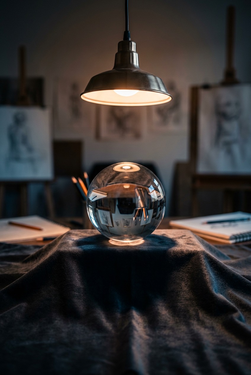 Glass sphere resting on dark cloth under a single studio lamp for studying bubble-like reflections.