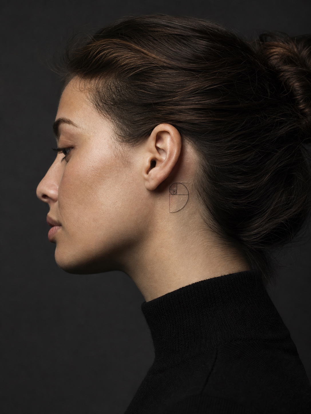 Golden ratio spiral behind-ear tattoo Small golden ratio spiral tattoo behind the ear in fine black linework. | Sky Rye Design Small golden ratio spiral tattoo behind the ear in fine black linework.