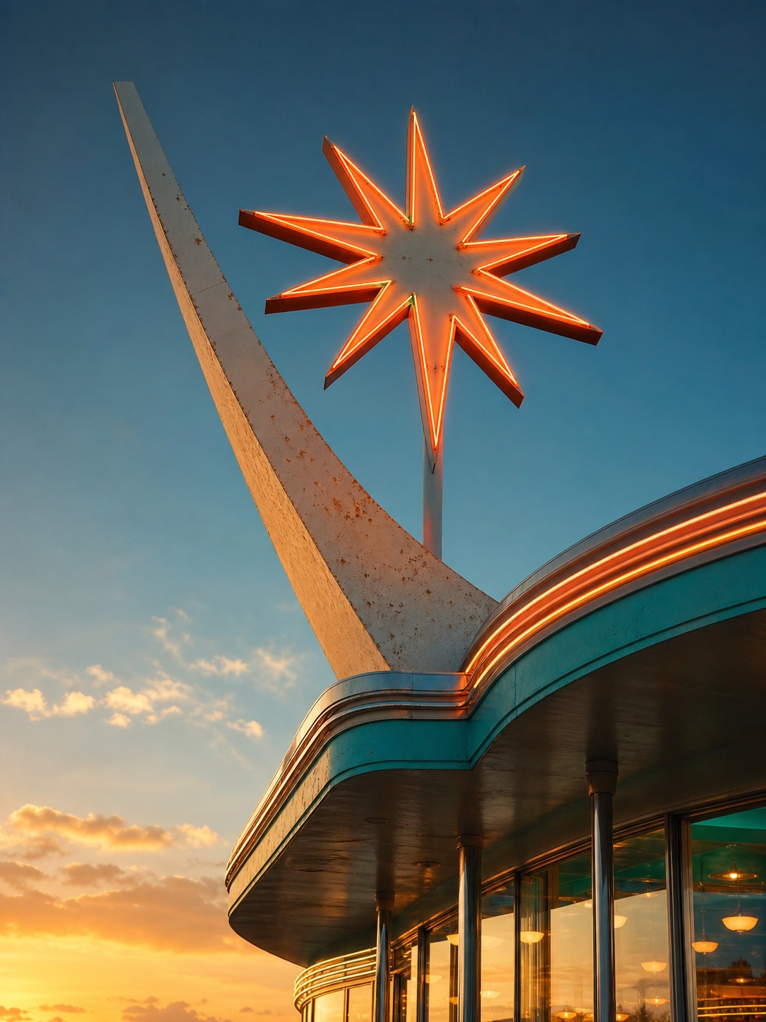 A Googie-style diner roofline with an upswept beam and starburst sign against an evening sky.