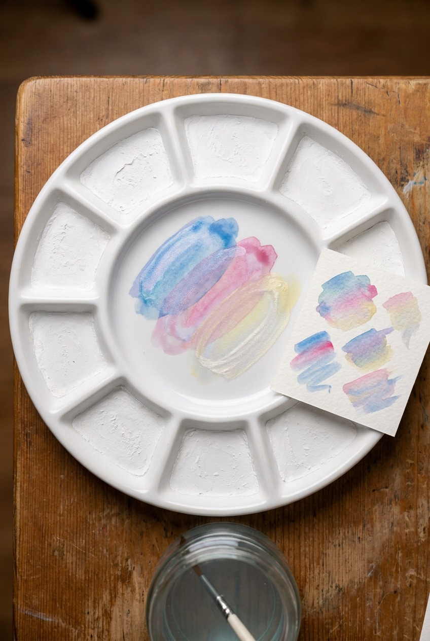 Gouache palette with layered blue, pink, and pale yellow glazes mixed for rendering bubble sheen.