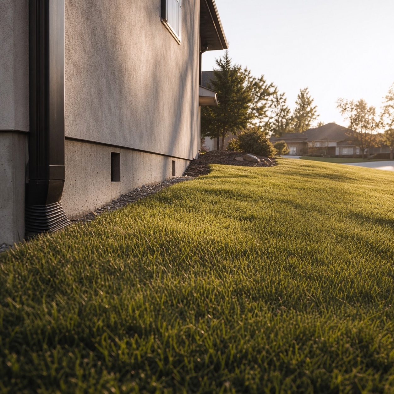 A gently graded lawn sloping away from a house foundation for drainage.