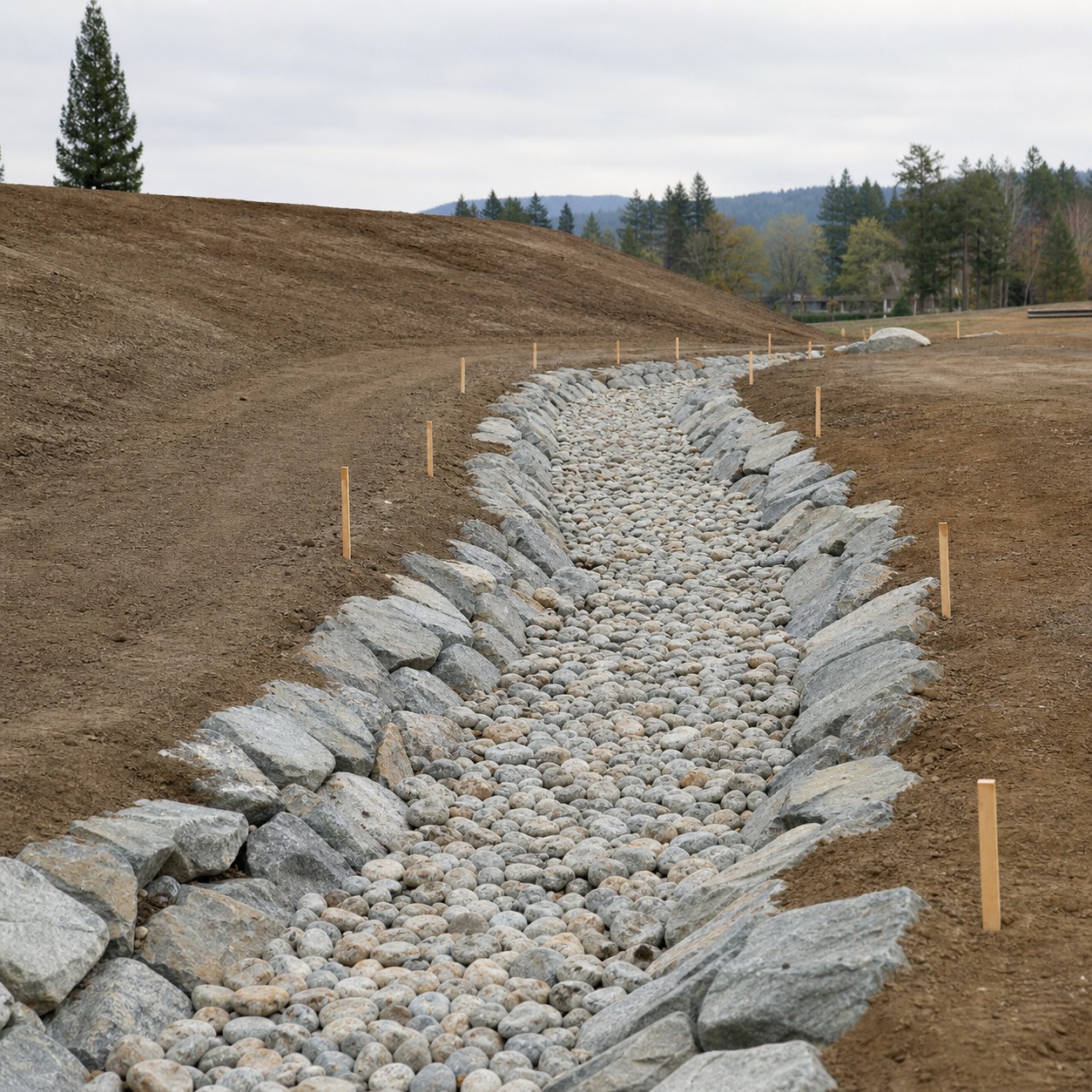 Grading and Drainage Channel Construction Stone-lined drainage channel under construction with compacted soil and grade stakes. | Sky Rye Design Stone-lined drainage channel under construction with compacted soil and grade stakes.