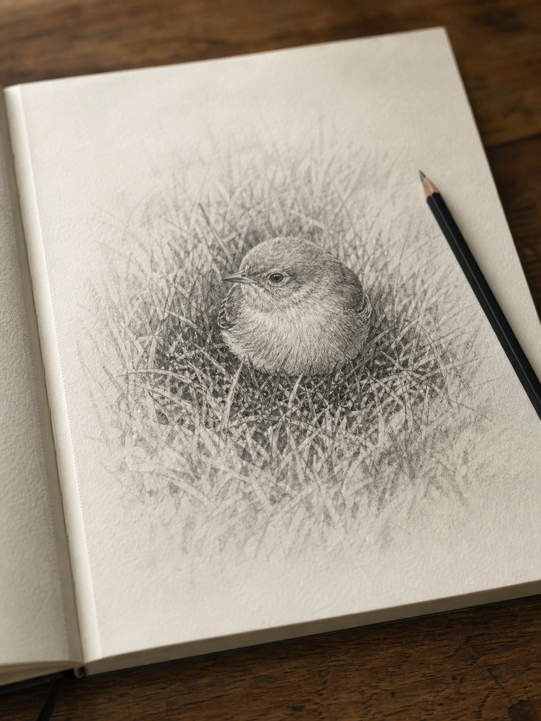 Grass behind subject finished composition Finished pencil composition with a small subject in grass and soft background detail drop-off. | Sky Rye Design Finished pencil composition with a small subject in grass and soft background detail drop-off.